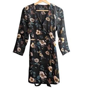 Frank And Oak Floral Double Breasted Mini Belted Wrap Dress Black Long Sleeve XS